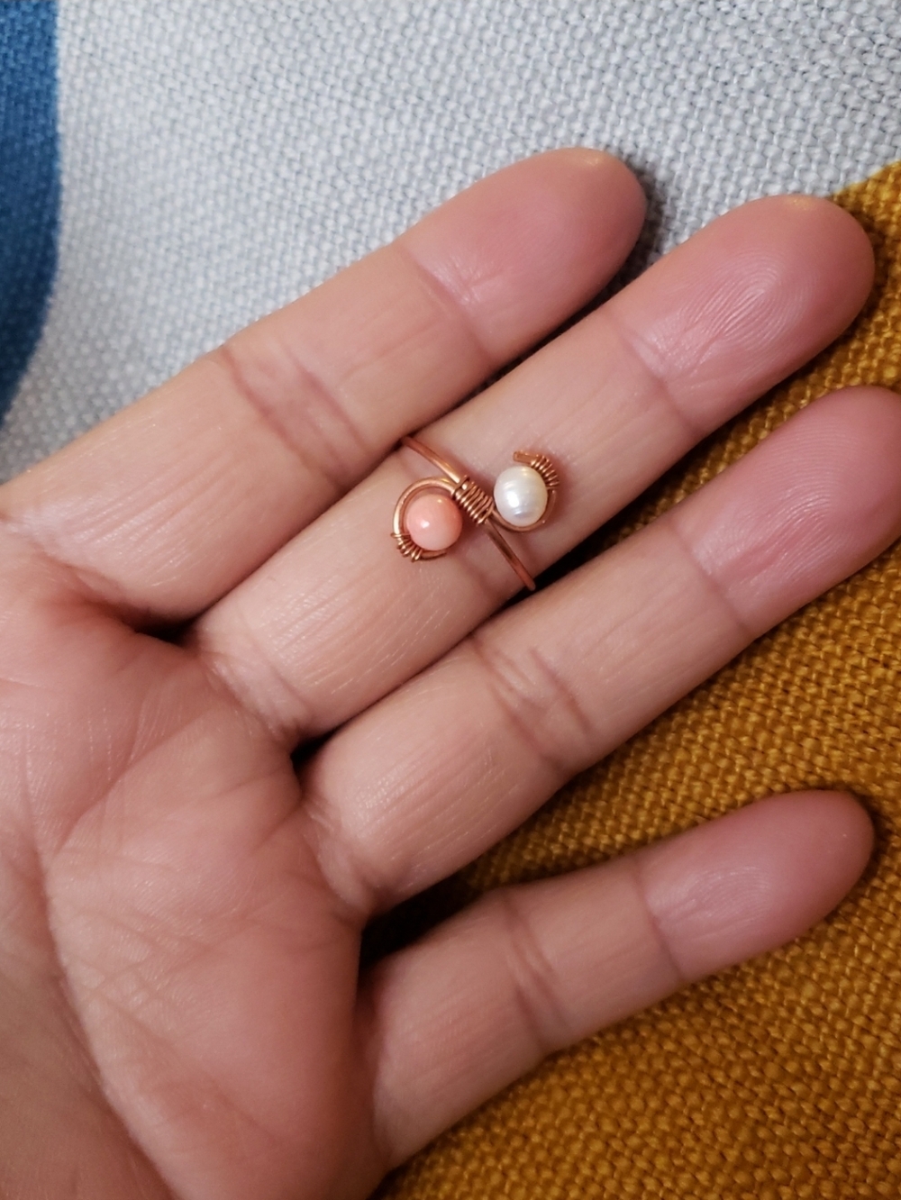 New Handmade copper Ring with Real Coral and White Pearl- Women Jewelry